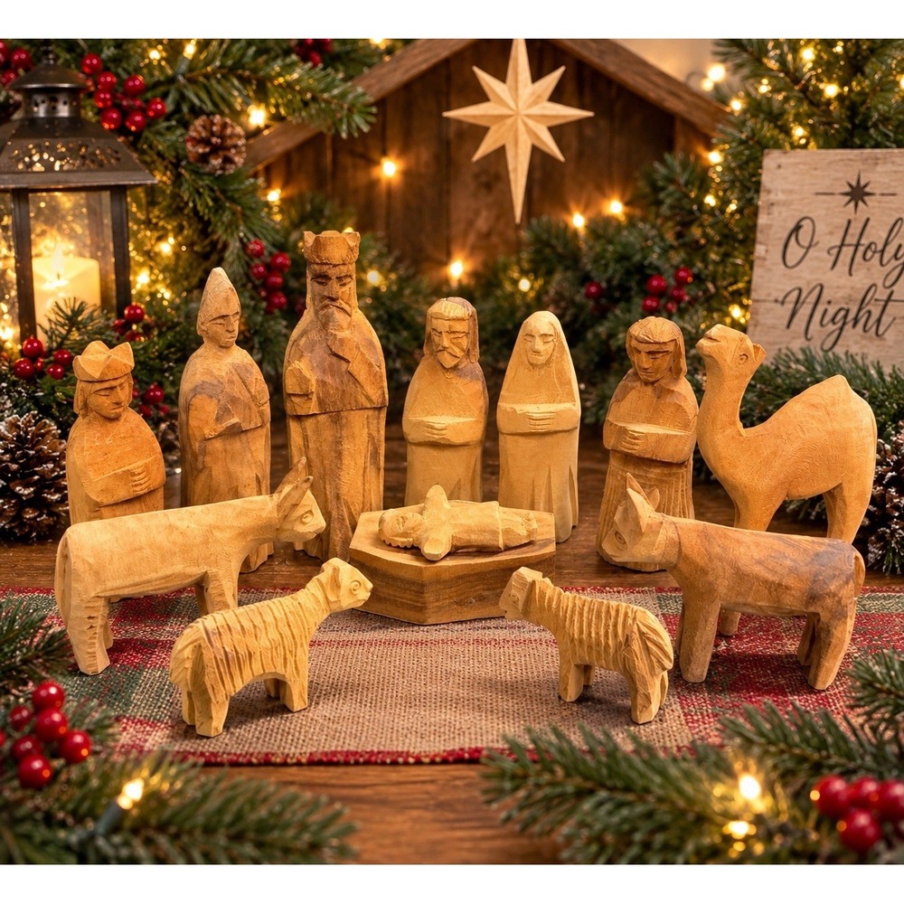 Vintage Hand Carved Wood Nativity Set 13 Pc Folk Art Christmas Manger Figures
